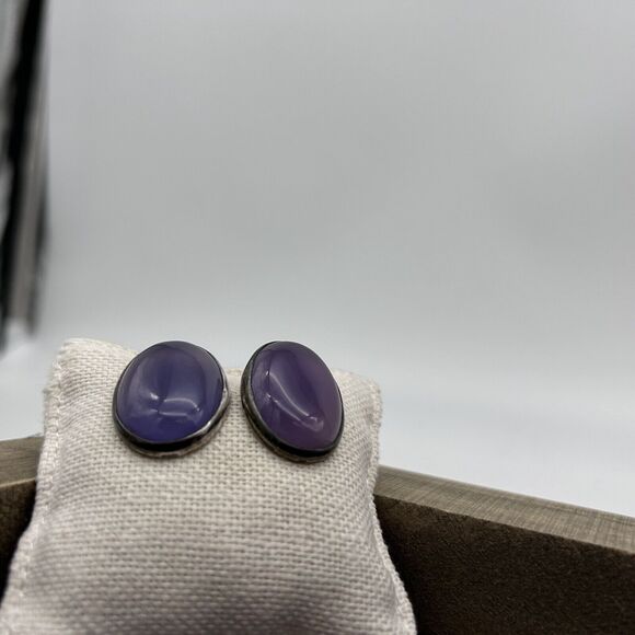 Phosphosiderite Or Amethyst Earrings Sterling Silver Signed Oval Stud Vintage - Picture 7 of 13